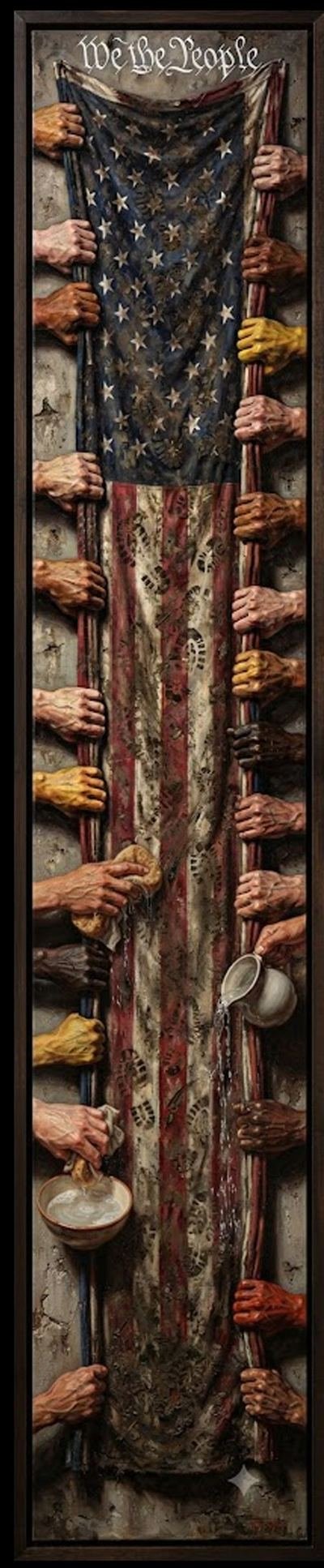 Painted panel of a weathered American flag held up by many hands of different skin tones.